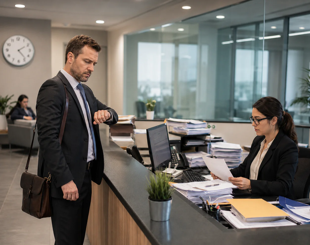Cliente esperando atendimento em recep&ccedil;&atilde;o com equipe analisando documentos