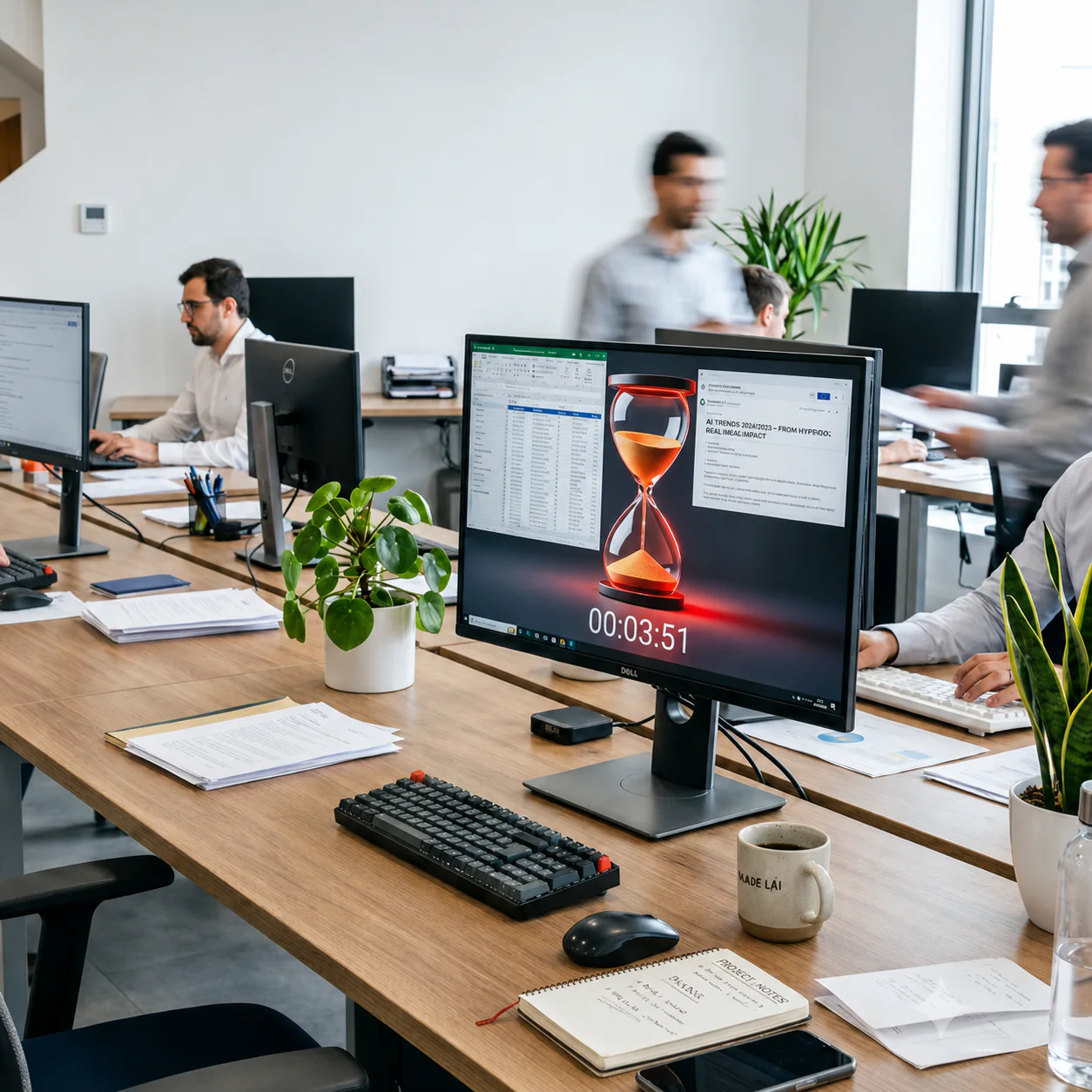 Equipe em escrit&oacute;rio com alerta de tempo perdido no computador