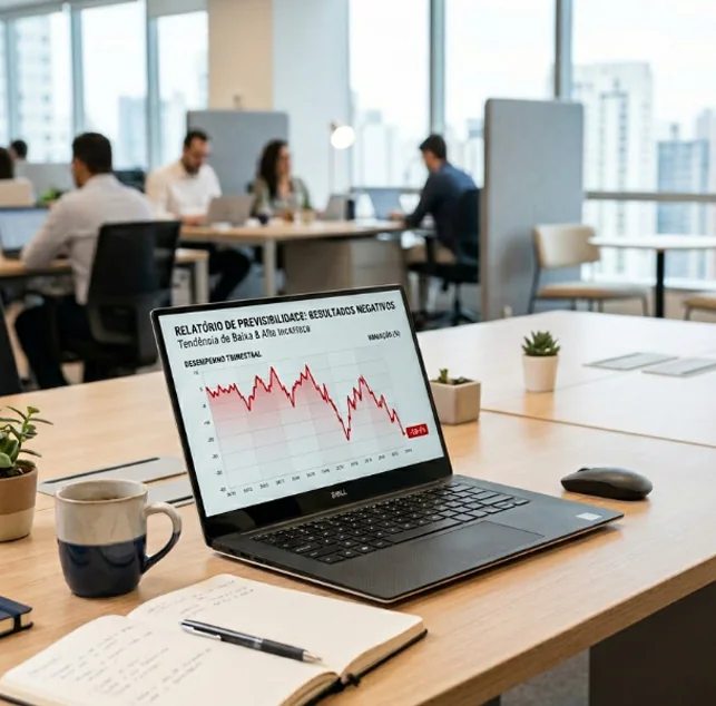 Notebook exibindo relat&oacute;rio com queda de previsibilidade