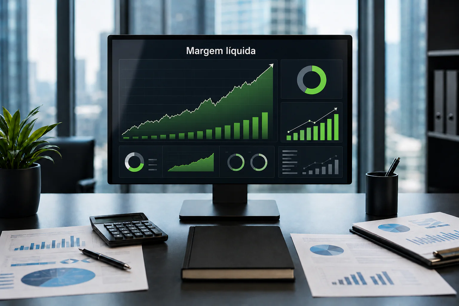 Dashboard financeiro com margem l&iacute;quida em crescimento