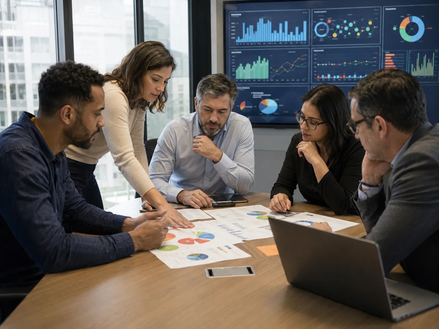 Equipe analisando relatórios durante o diagnóstico operacional